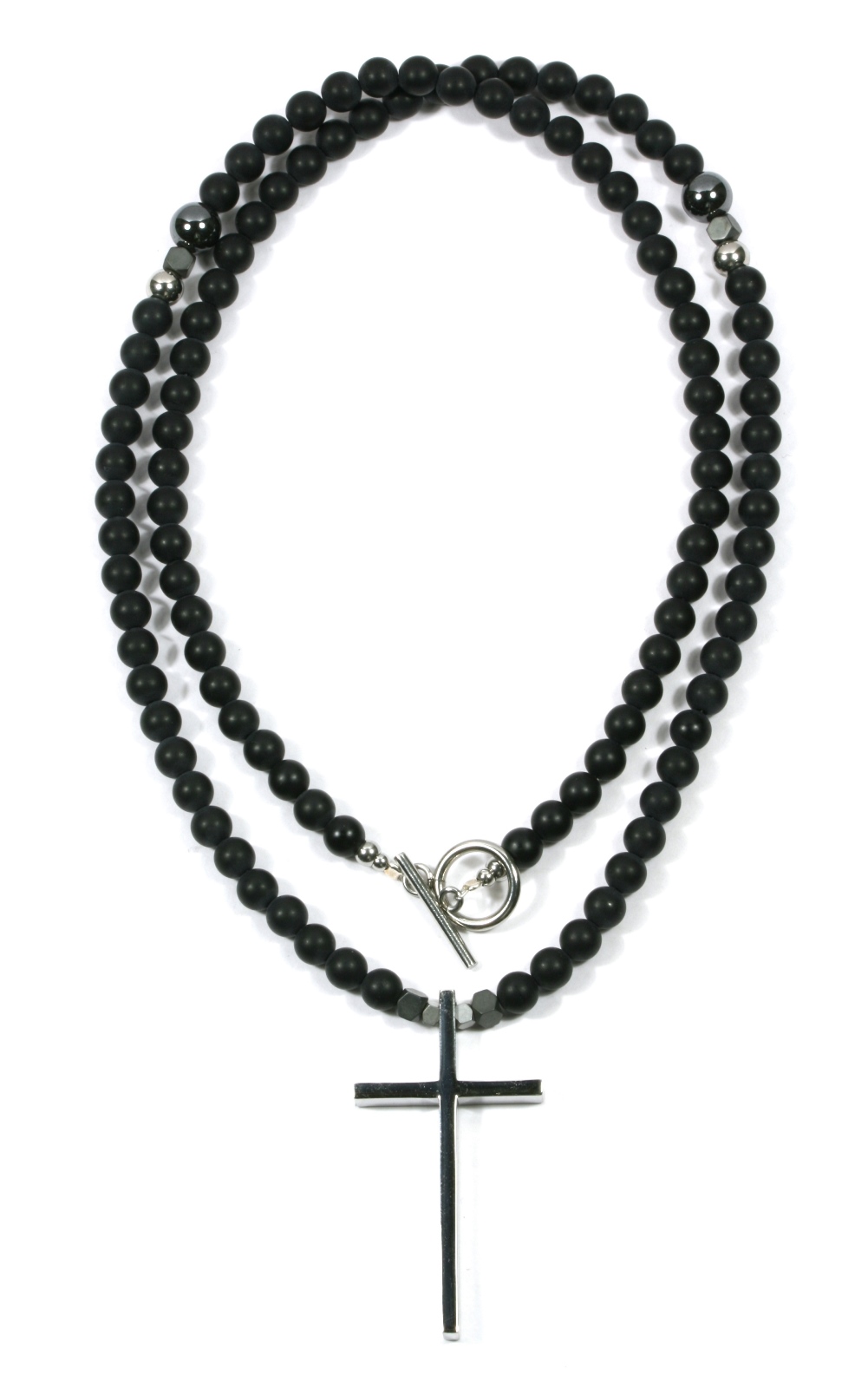 Heren ketting - kralenketting onyx matte 6mm - rvs RVS kruis - 70cm