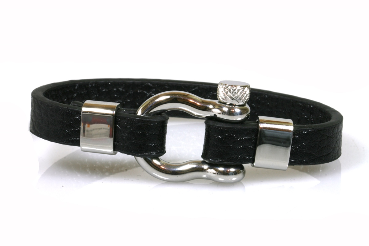 IbizaMen - heren armband - Zwart leren armband - RVS karabijn sluiting- 21cm
