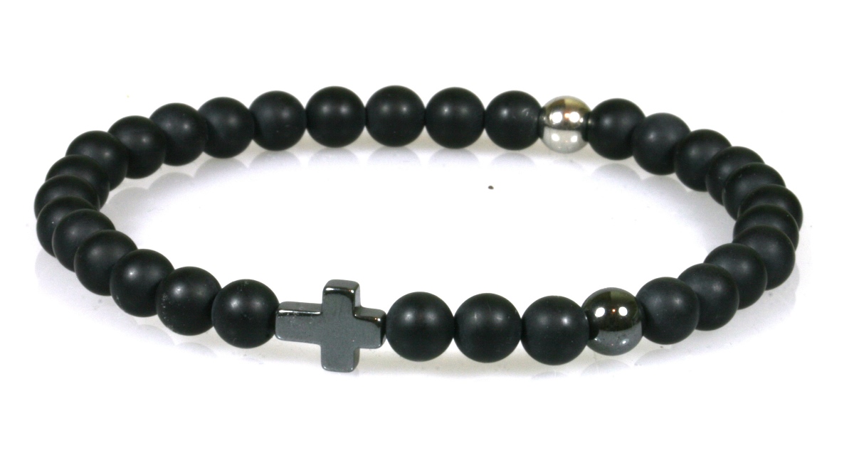 IbizaMen - heren armband - Zwart matte onyx stenen 6mm - hematiet kruisje en kraal - RVS kraal