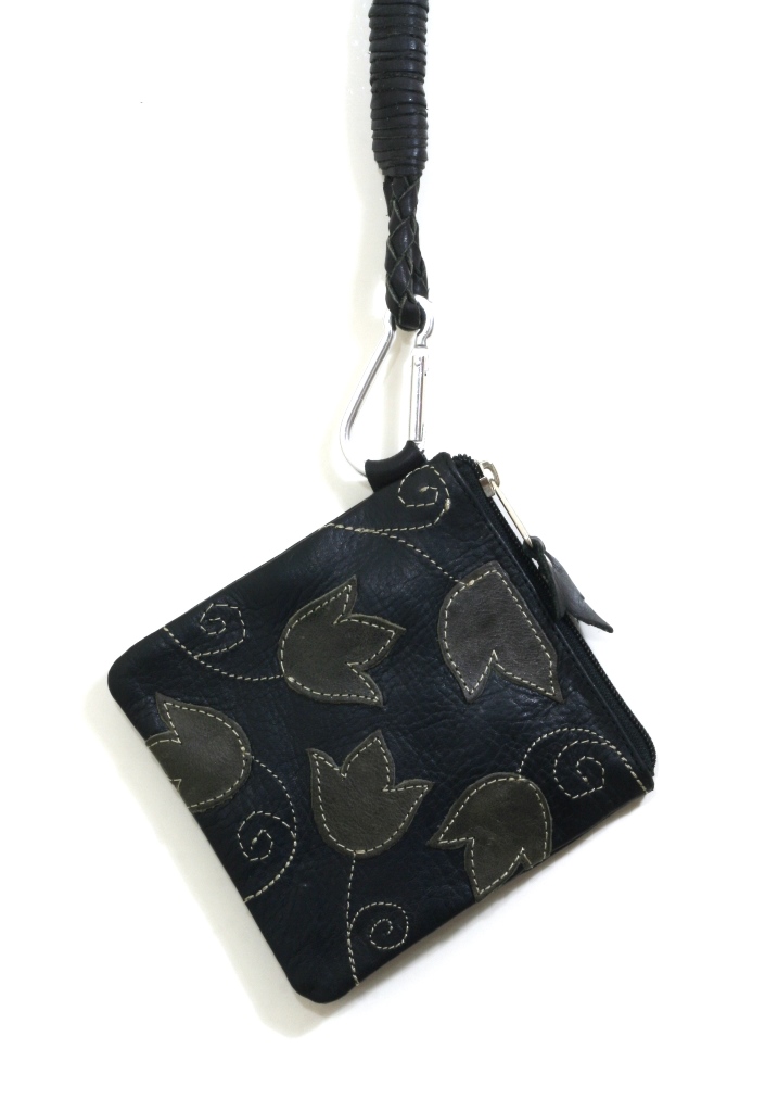 leren Keycord bag  nektas - flower - zwart