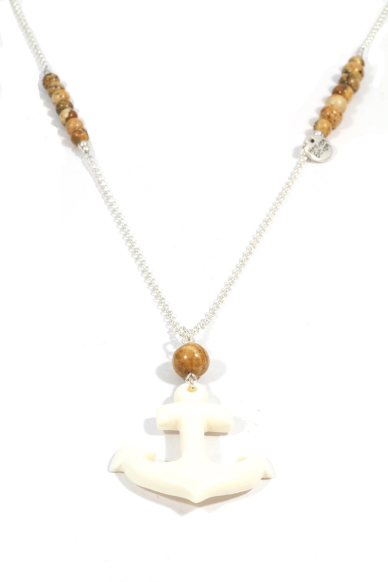 Heaven Eleven dames Ketting zilverkleurig plating - jaspis kralen - wit hertegewei anker