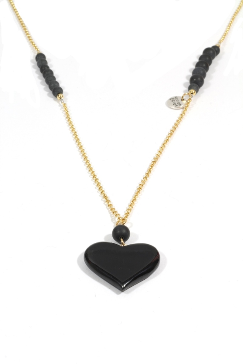 Heaven Eleven dames Ketting zilverkleurige plating - onyx matte kralen - zwart hertegewei hart
