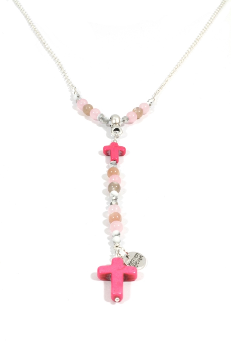 Heaven eleven - dames ketting - edelstaal RVS schakelketting - rozenkwarts matte - roze kruisje - Ro