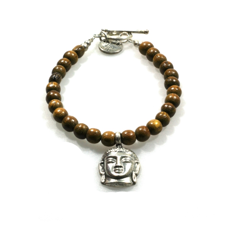Heaven Eleven - dames armband - Cognackleurige houtenkralen armband met sterling zilver Buddha