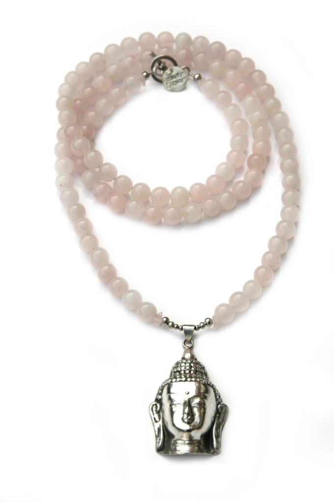 Dames ketting - ibiza - edelsteen Rozenkwarts met een 925 sterling zilver buddha