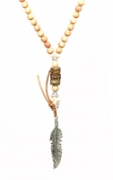 Heaven Eleven - dames ketting - naturelkleurige hout met zilveren veer