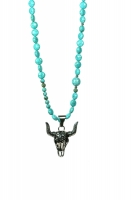 Chique - ketting Turkoois natuurstenen - met een roestvrijstaal bull - lengte 80cm