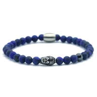 Heren armband - blauw agaat 6mm - buddha RVS
